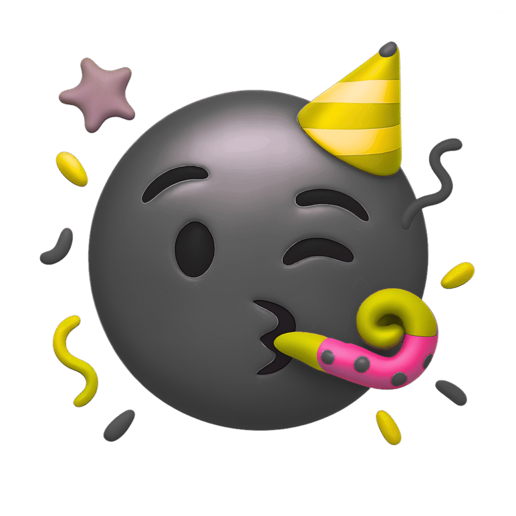 3D Black Party Emoji with Yellow Hat, Confetti, and Party Horn &ndash; Transparent PNG ClipArt