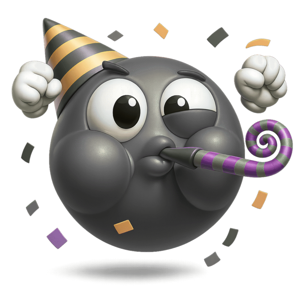 3D Black Partying Face Emoji with Party Hat and Confetti &ndash; Transparent PNG Celebration ClipArt