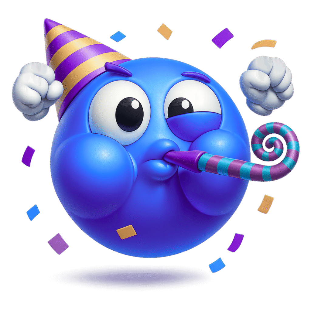 3D Partying Face Emoji with Party Hat, Blowing Party Horn, and Confetti &ndash; Transparent PNG Clipart