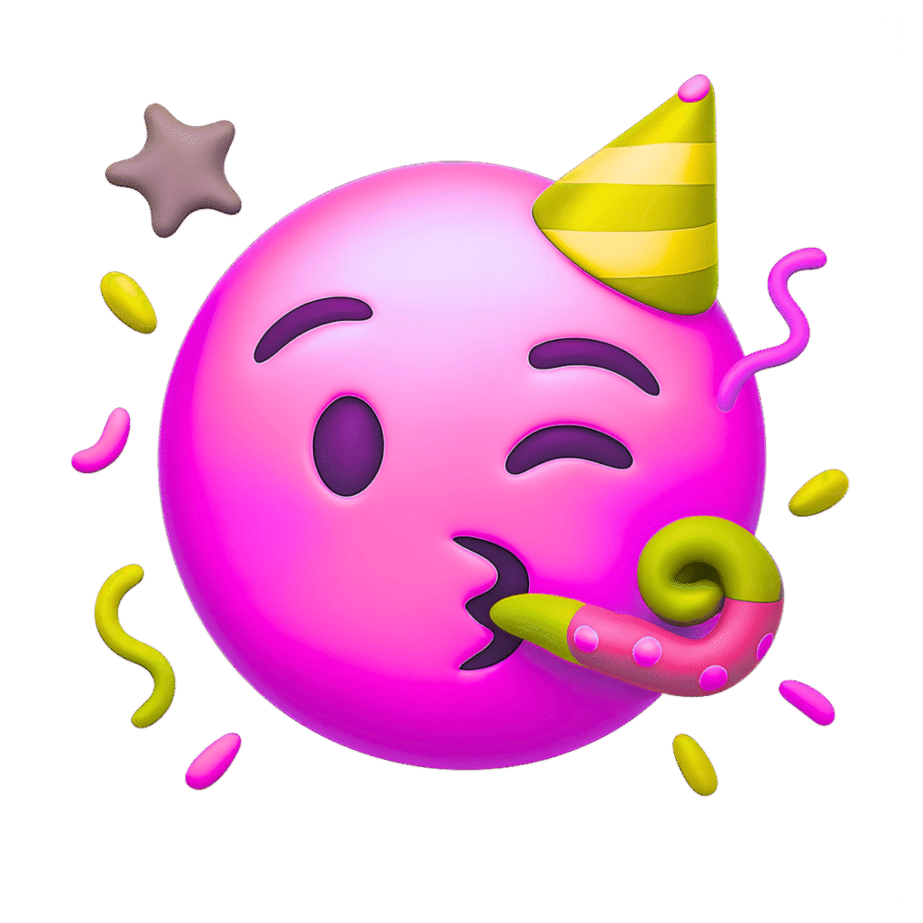 Pink 3D Party Emoji with Yellow Hat and Party Blower &ndash; Transparent Background Celebration ClipArt