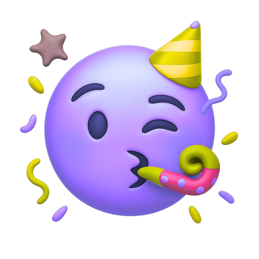 Purple 3D Party Emoji with Yellow Cone Hat and Party Blower &ndash; Transparent Background Celebration ClipArt