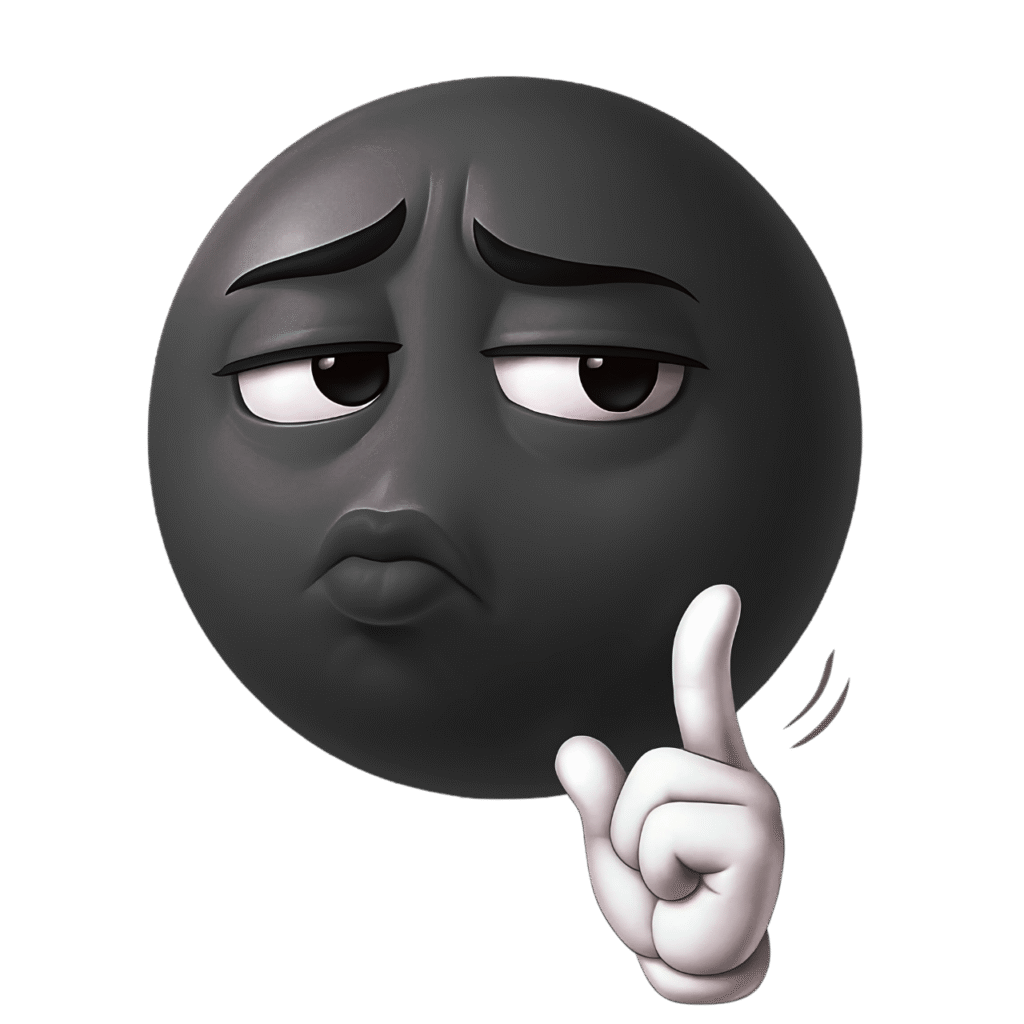 3D black emoji face with skeptical expression, pursed lips, raised eyebrows, and a white-gloved hand pointing upward, set on a transparent background &mdash; ideal for use as expressive clipart or meme reaction image.