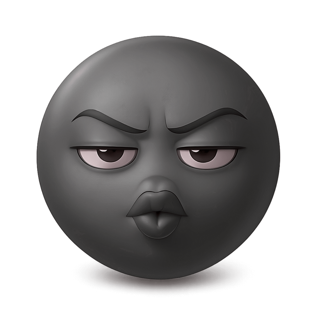 3D black "Ooh" emoji with attitude eyes, kiss lips, and arched eyebrows on transparent background.