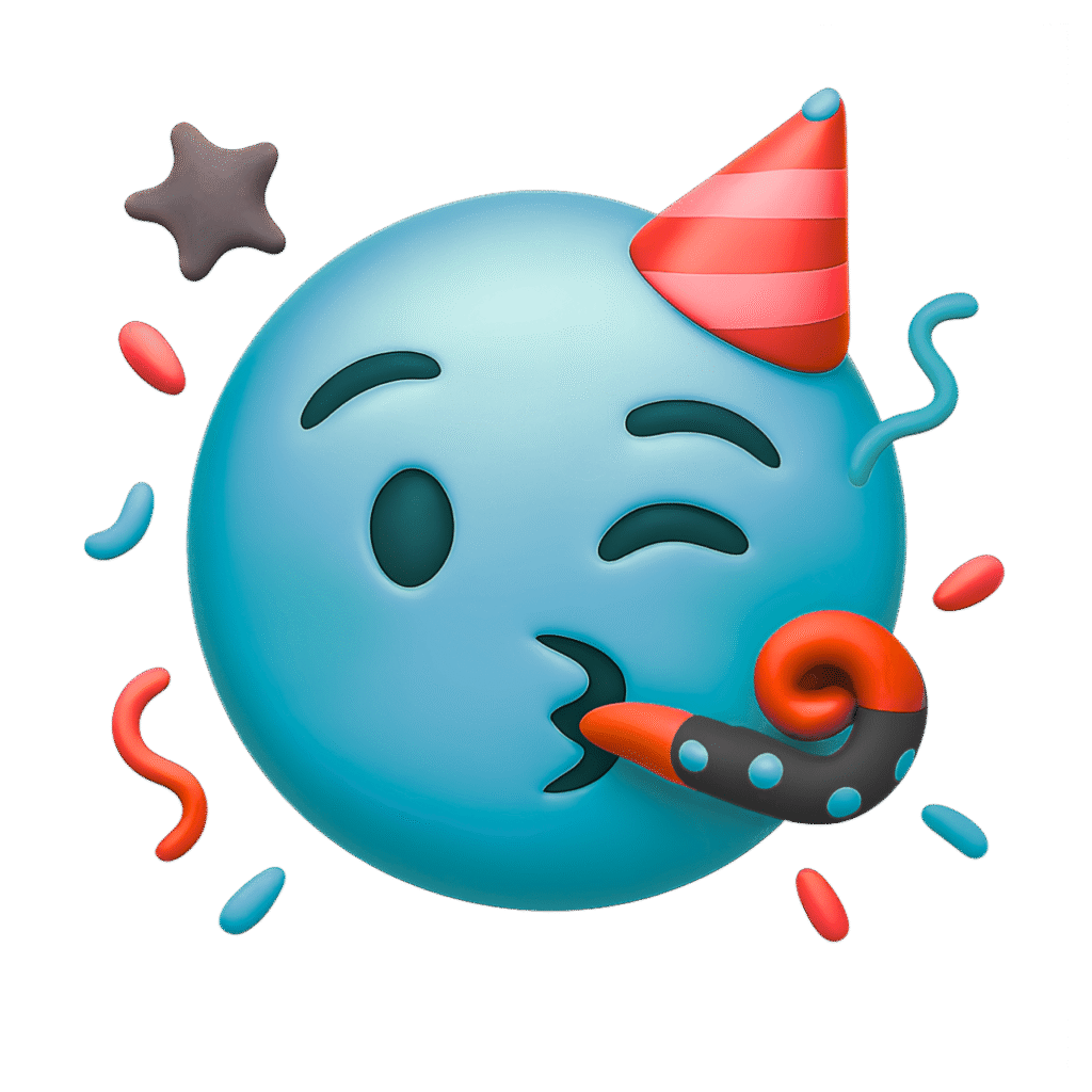 Blue 3D Winking Party Emoji with Red Striped Cone Hat and Blower &ndash; Transparent Celebration PNG