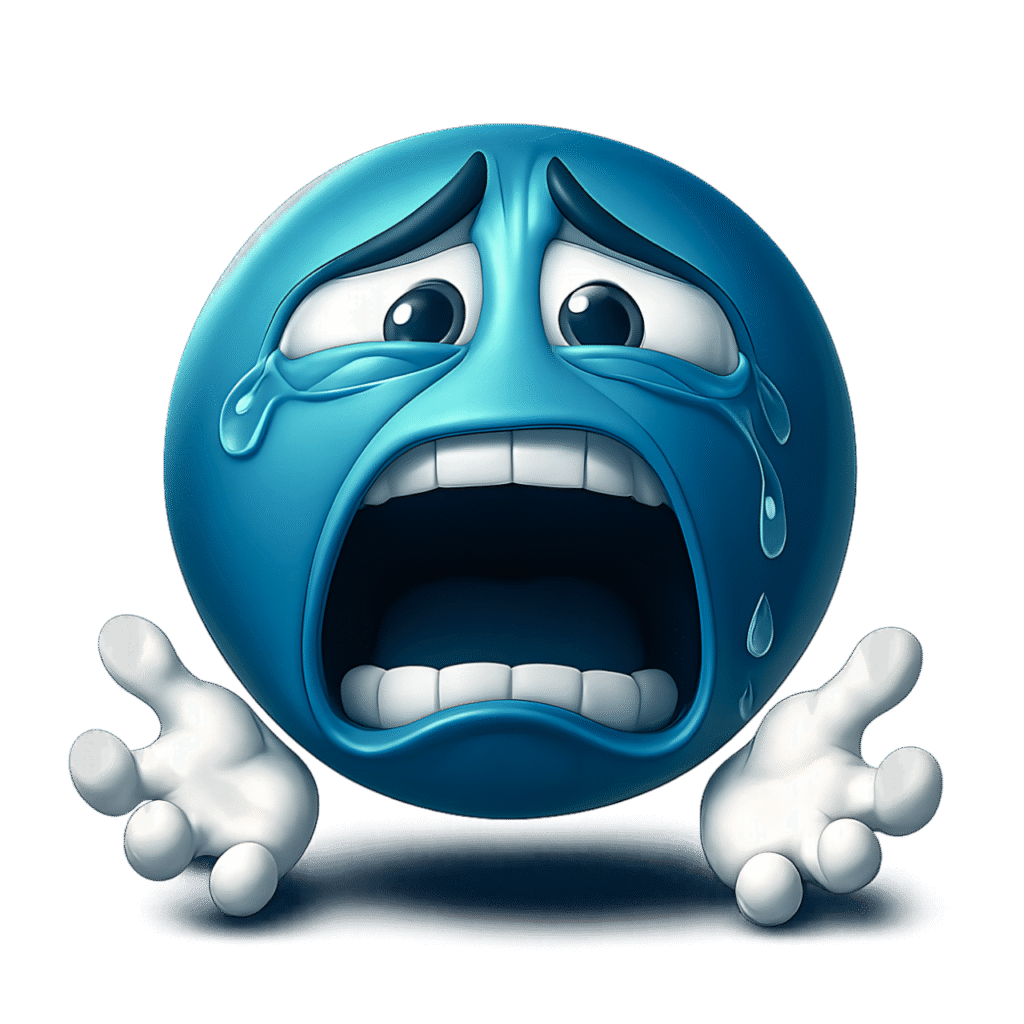 Blue crying emoji with large teardrops and emotional open-mouth expression, transparent sad face clipart