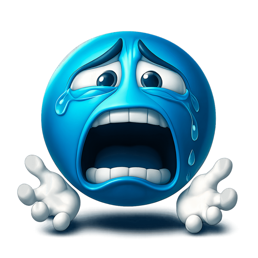 3D blue emoji face crying in despair with teardrops and open mouth, cartoon hands reaching out, transparent background