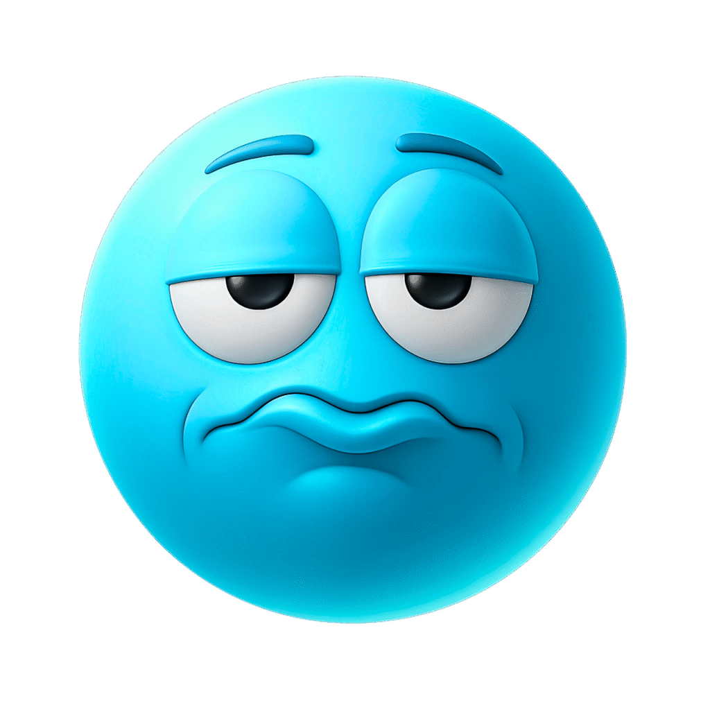 3D blue emoji with sarcastic droopy eyes and pouting lips showing disinterest and boredom on transparent background