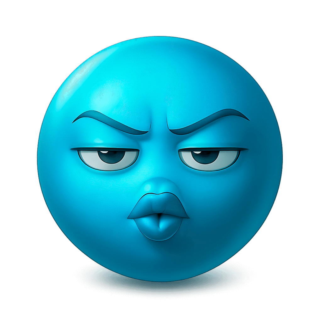 Ooh emoji face with pouty lips and raised eyebrows in blue color, transparent background clipart