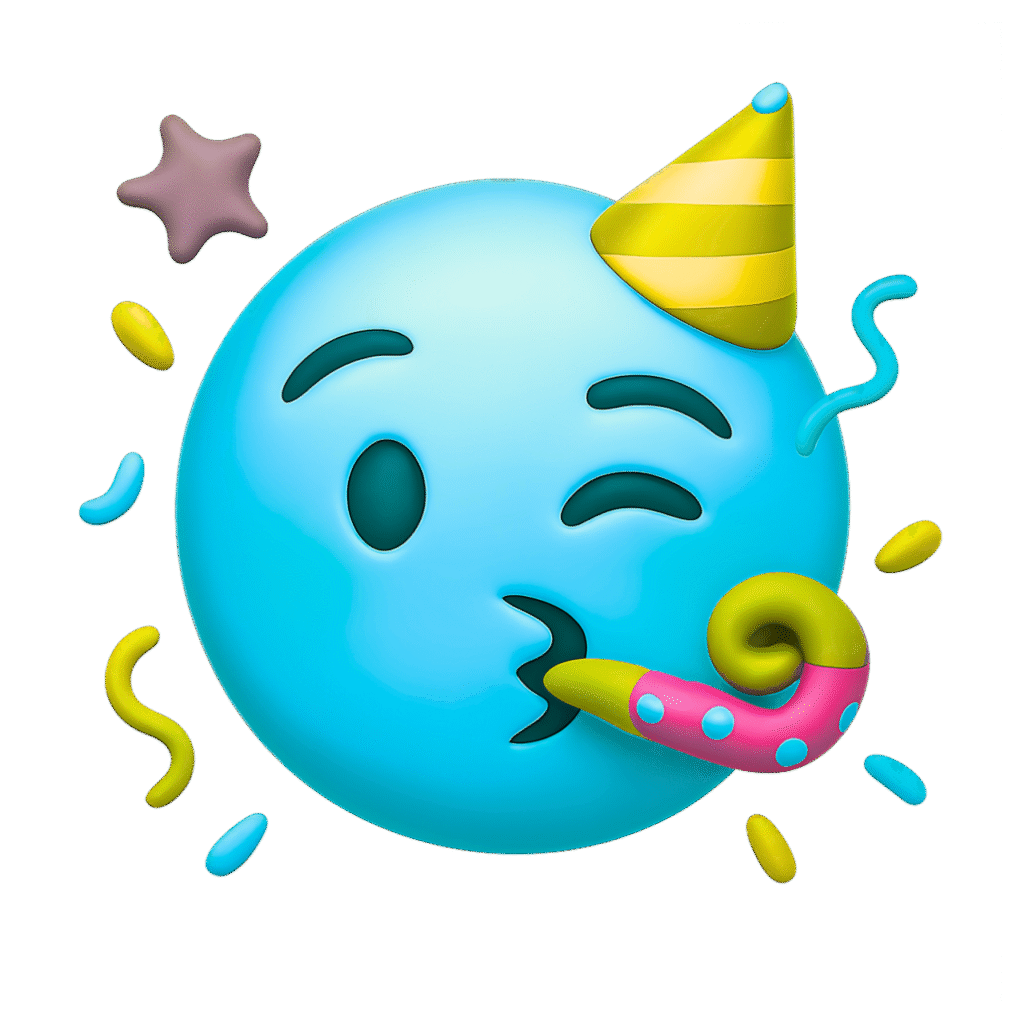 Blue 3D Party Emoji with Yellow Hat and Party Blower &ndash; Transparent Background Celebration ClipArt
