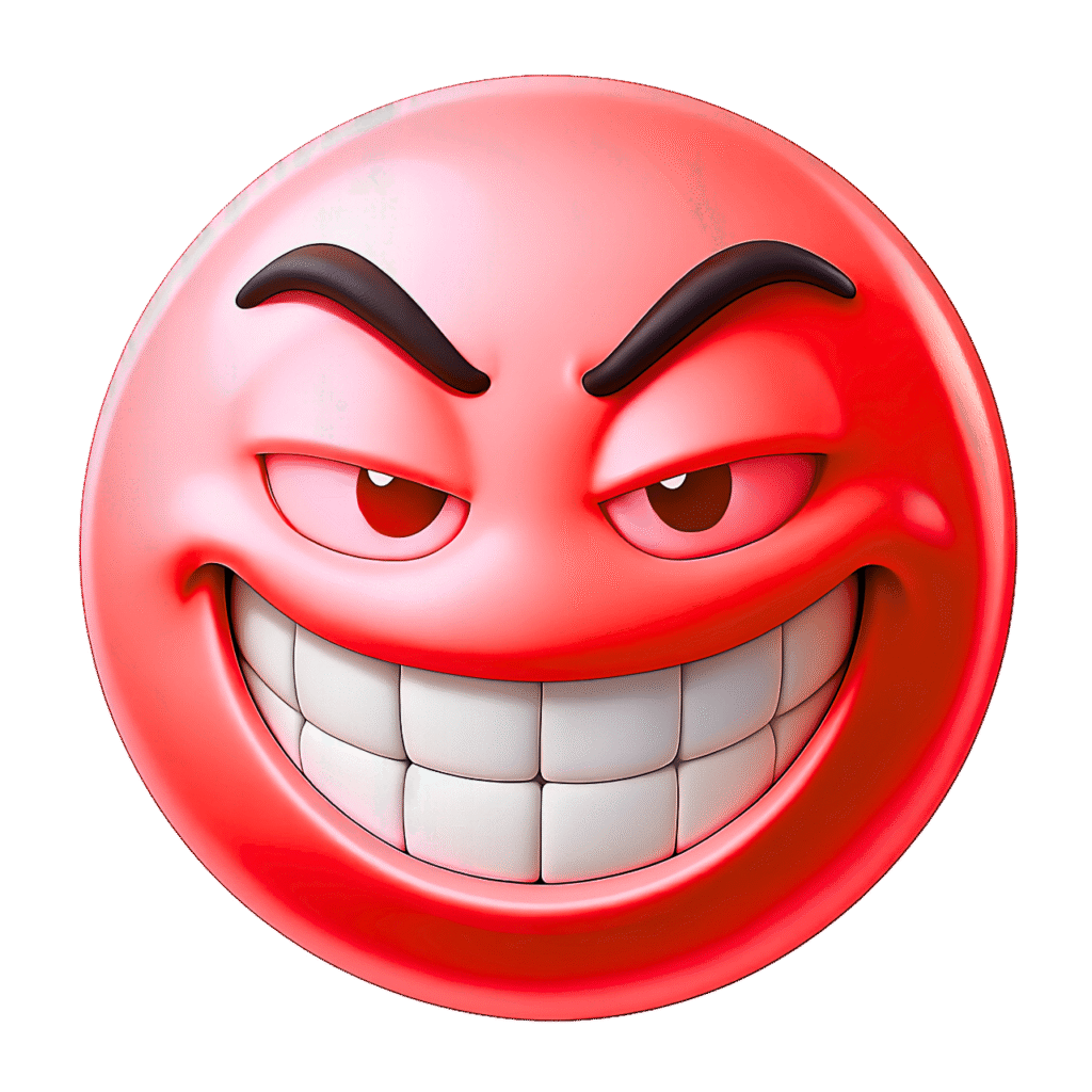 Red 3D Troll Emoji with Cheeky Grin and Raised Eyebrows – Transparent PNG Clipart