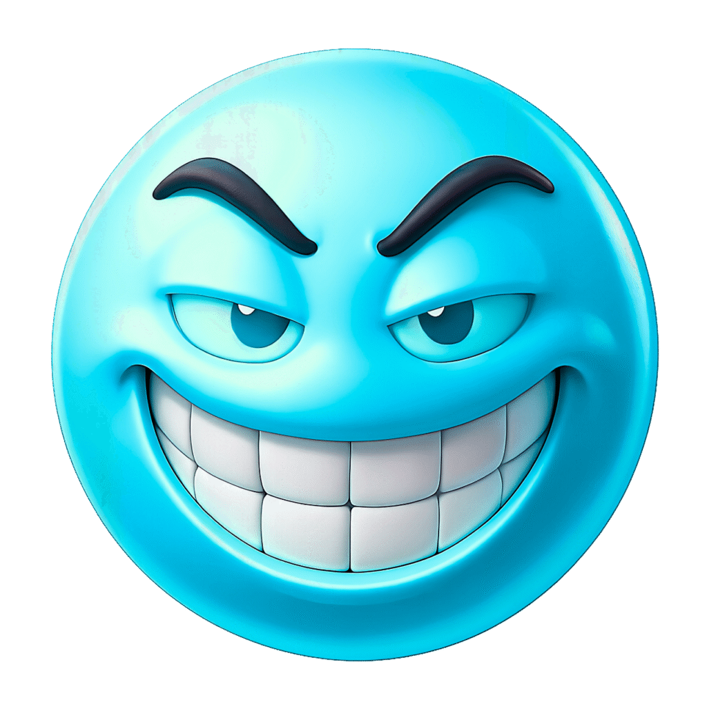 Blue 3D Troll Emoji with Sly Grin and Arched Brows – Transparent Background ClipArt