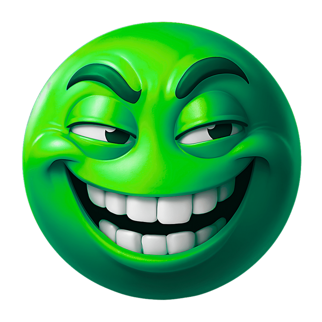 Smug green emoji face with devious grin, thick eyebrows, and 3D glossy finish on transparent background