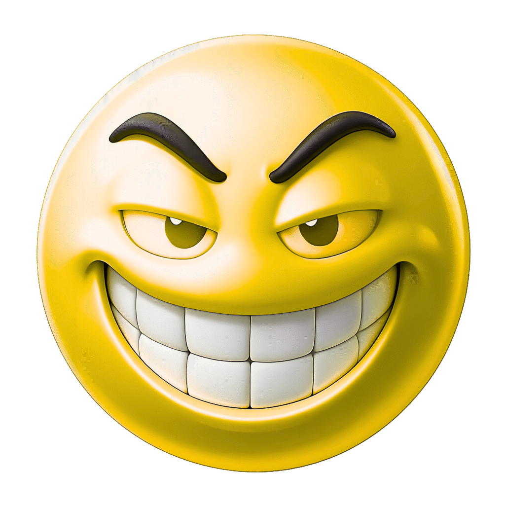 Yellow 3D Troll Face Emoji with Wide Grin and Raised Eyebrows – Transparent Clipart PNG