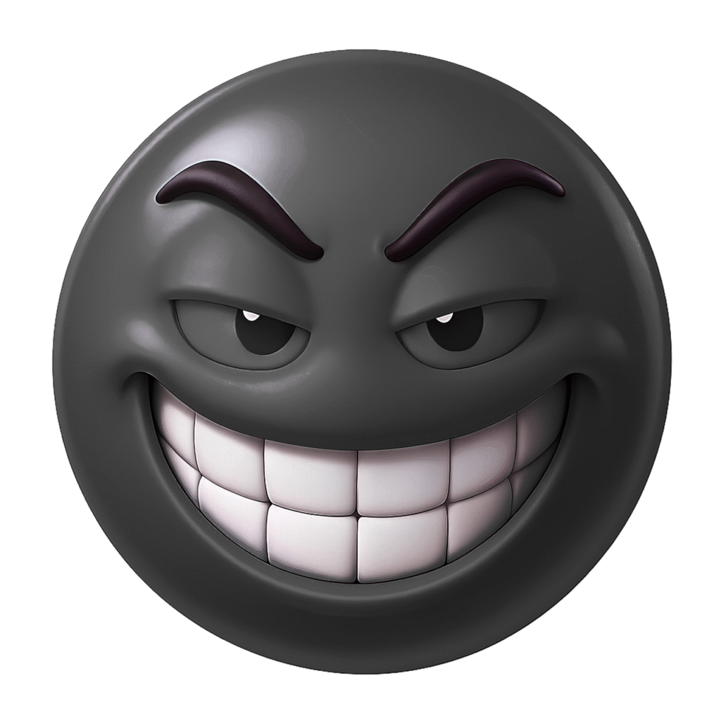 3D Black Troll Face Emoji with Mischievous Grin – Transparent Clipart PNG