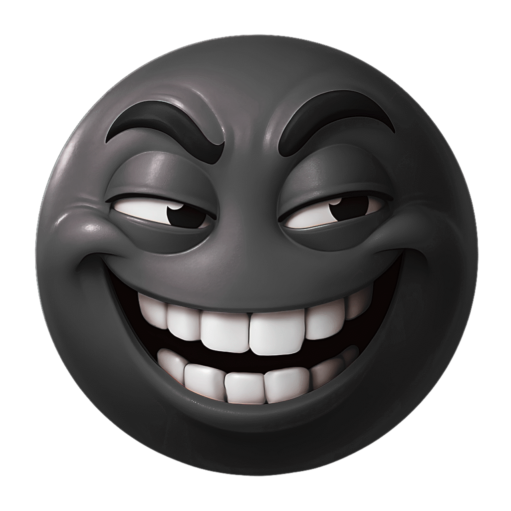 3D black silly emoji with a sly smile and expressive eyes, transparent background clipart for digital art and memes