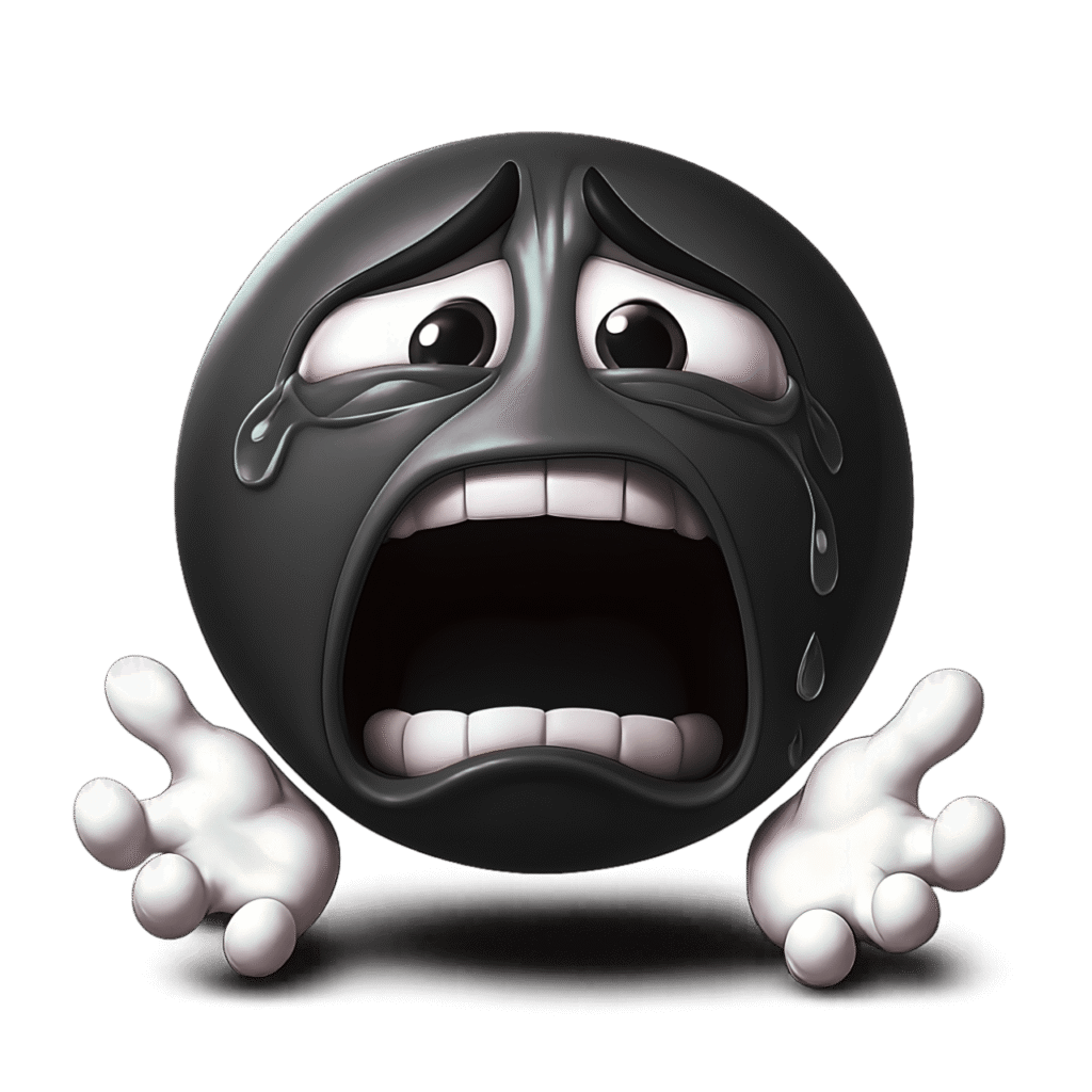 3D black crying emoji with wide open mouth, large teary eyes, and white-gloved hands, dramatic expression, transparent background clipart