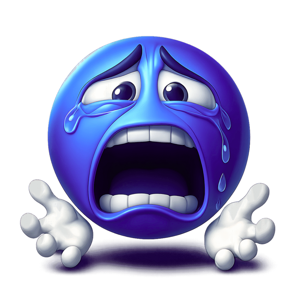 3D desperate crying blue emoji with white-gloved hands, transparent background, cartoon-style clipart