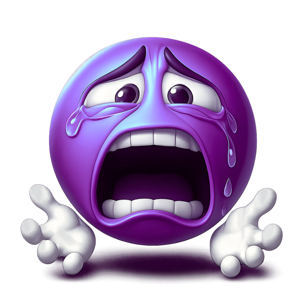 Desperate crying purple emoji with tears and open mouth, clipart PNG on transparent background