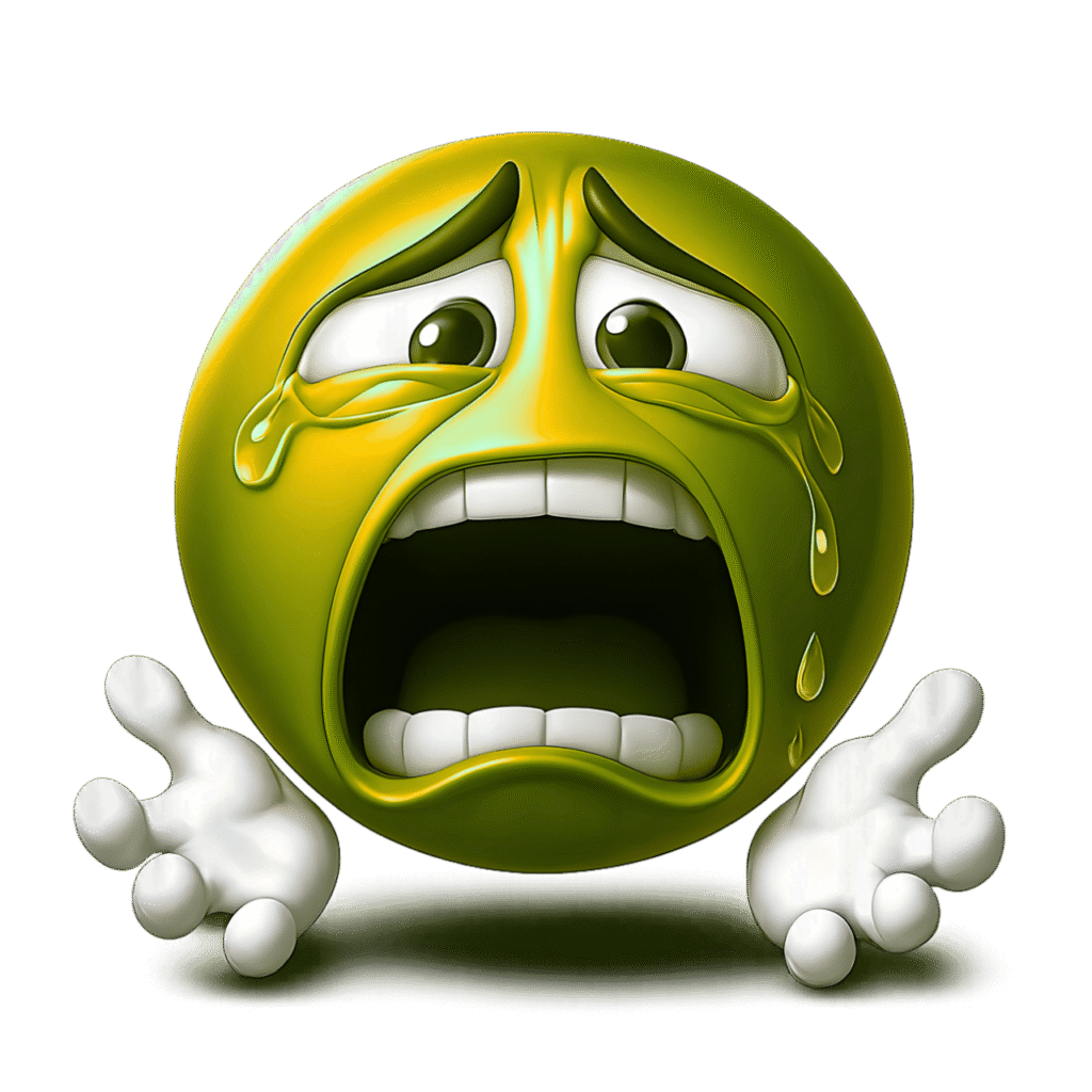 3D yellow-green crying emoji with wide open mouth, teary eyes, and white cartoon hands reaching out, transparent background