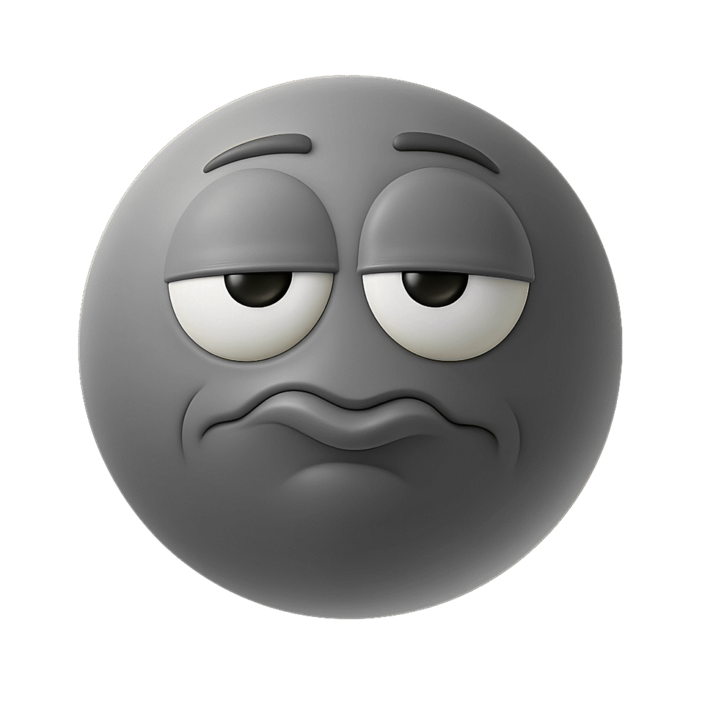3D black frustrated emoji face with dull expression and droopy eyes on transparent background clipart