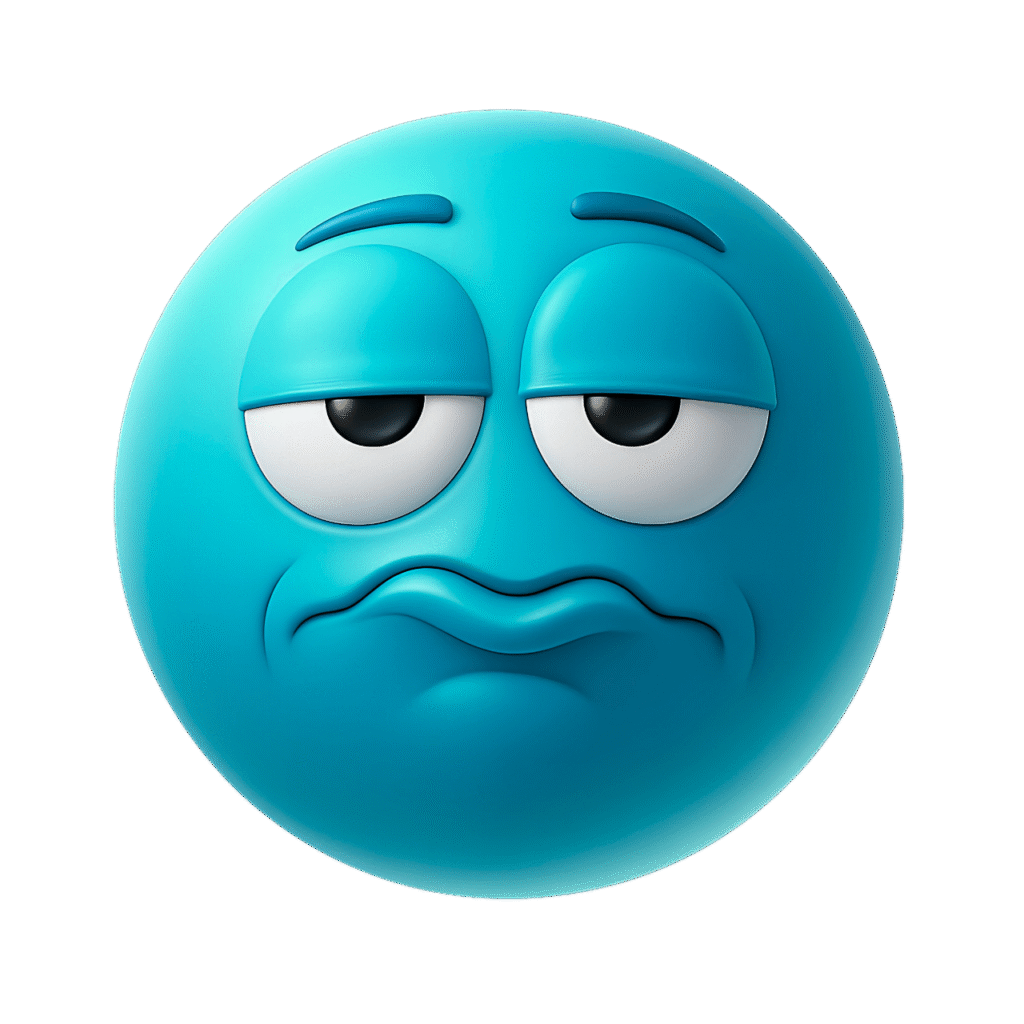 Frustrated blue emoji face with droopy eyes and a wavy frown, expressing annoyance or disappointment