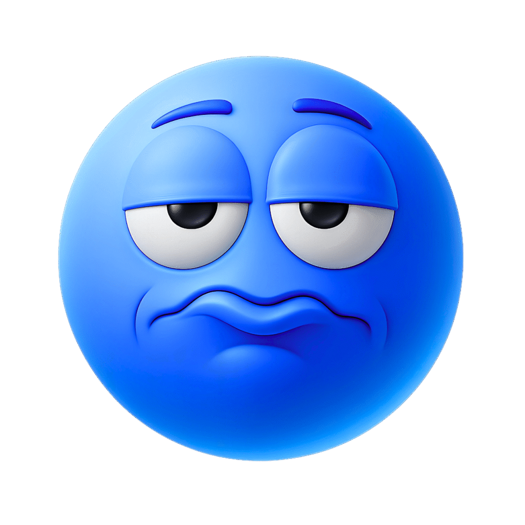 3D frustrated blue emoji face with tired eyes and frown, transparent background clipart