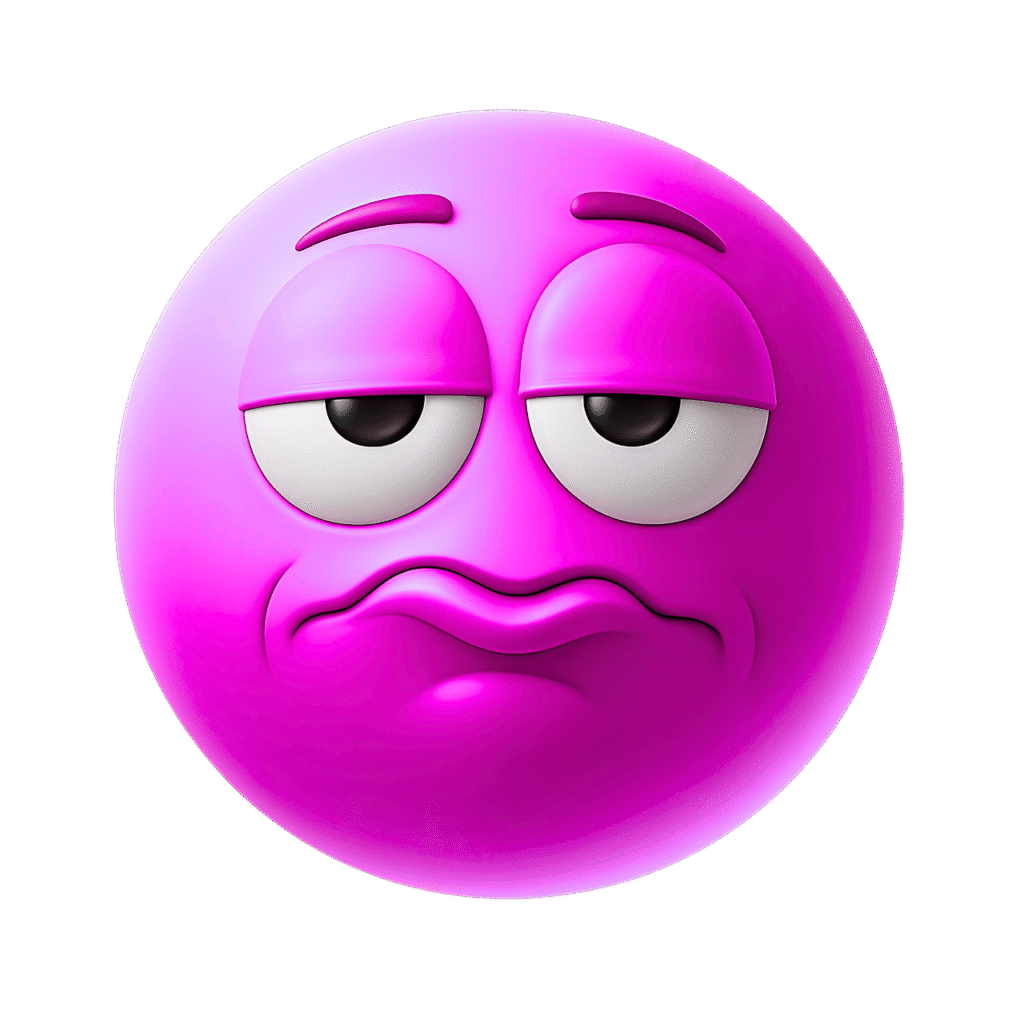 3D pink emoji with sarcastic expression, half-lidded eyes and pouty lips, expressing boredom and disinterest on transparent background