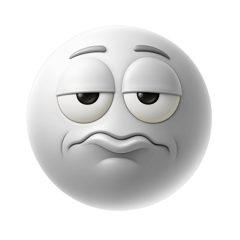 3D white emoji with frustrated and tired facial expression, half-closed sleepy eyes, and curled lips, showing boredom or annoyance on a transparent background