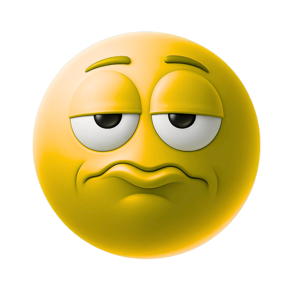 3D yellow frustrated emoji with tired eyes and pursed lips on transparent background clipart