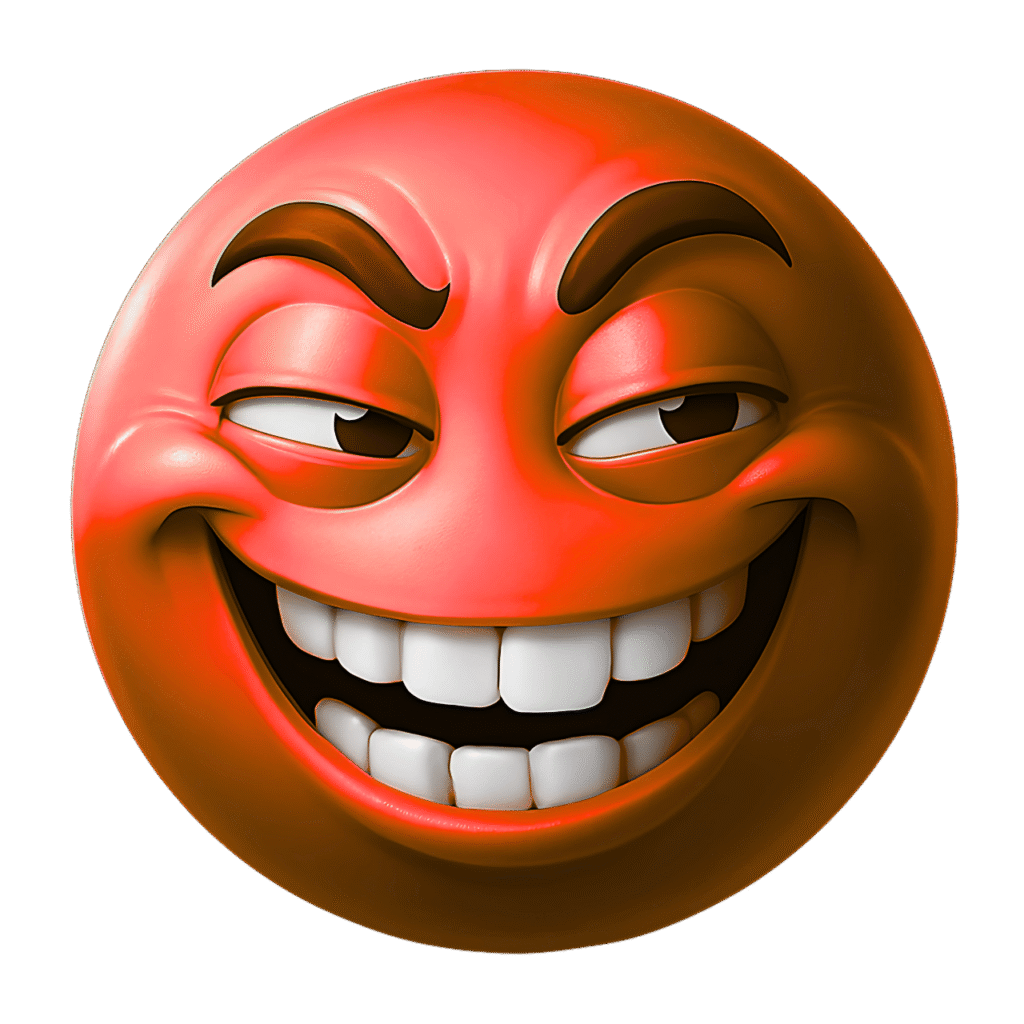 Silly happy red emoji with mischievous grin and raised eyebrows on transparent background.