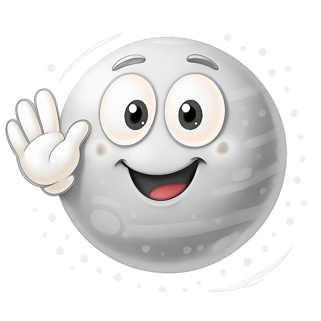 Smiling gray emoji character waving hello with big eyes and a joyful expression, cartoon clipart with transparent background.