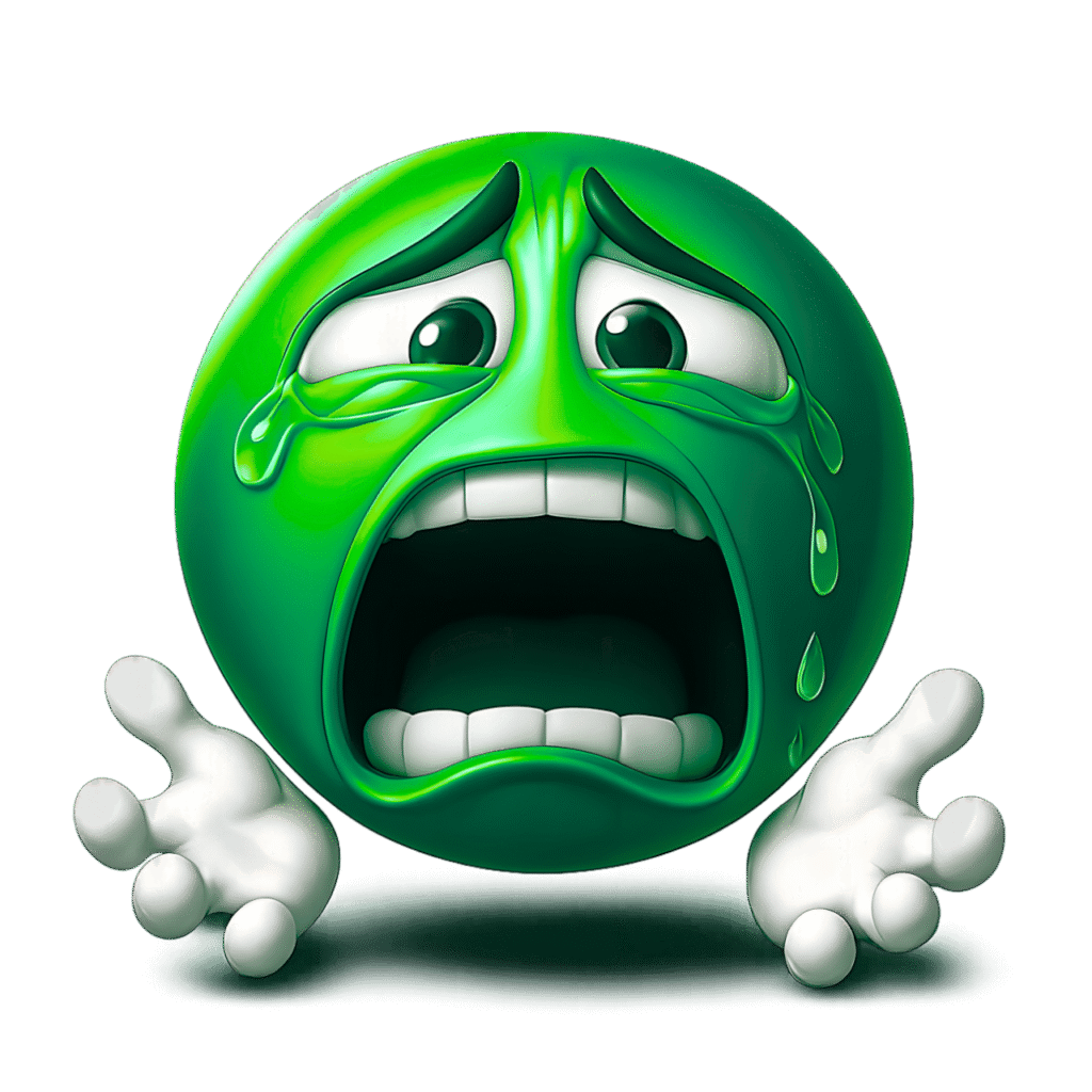 3D green crying emoji face with wide open mouth, big teary eyes, cartoon hands reaching out, transparent background