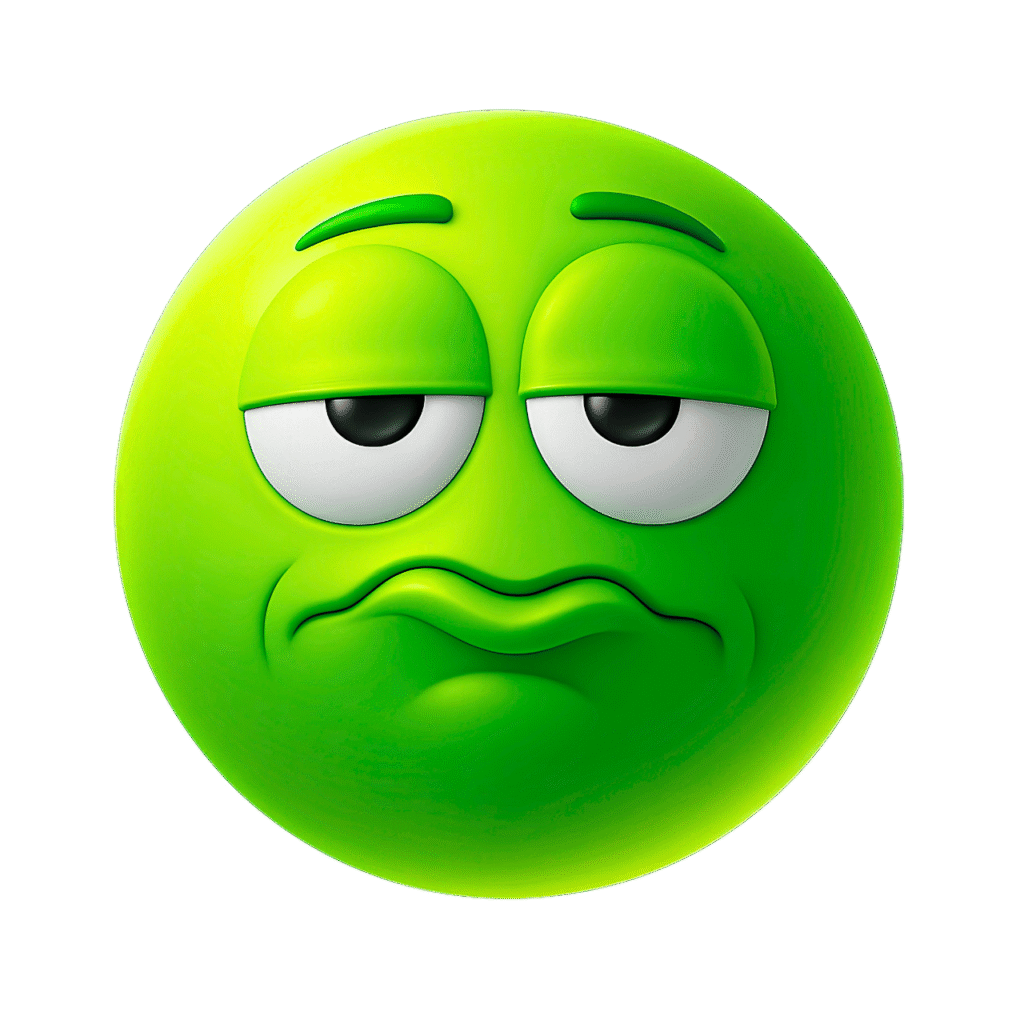 3D green frustrated emoji with droopy eyelids and pursed lips on transparent background