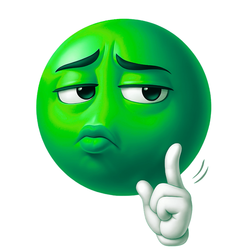 Bright green mewing emoji with raised finger and sassy unimpressed facial expression, transparent PNG