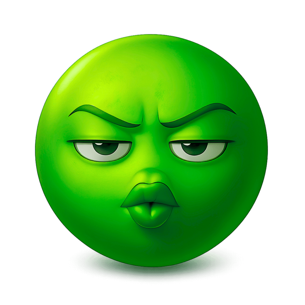 3D green &ldquo;Ooh&rdquo; emoji face with kiss lips, raised eyebrows, and sarcastic expression on a transparent background.