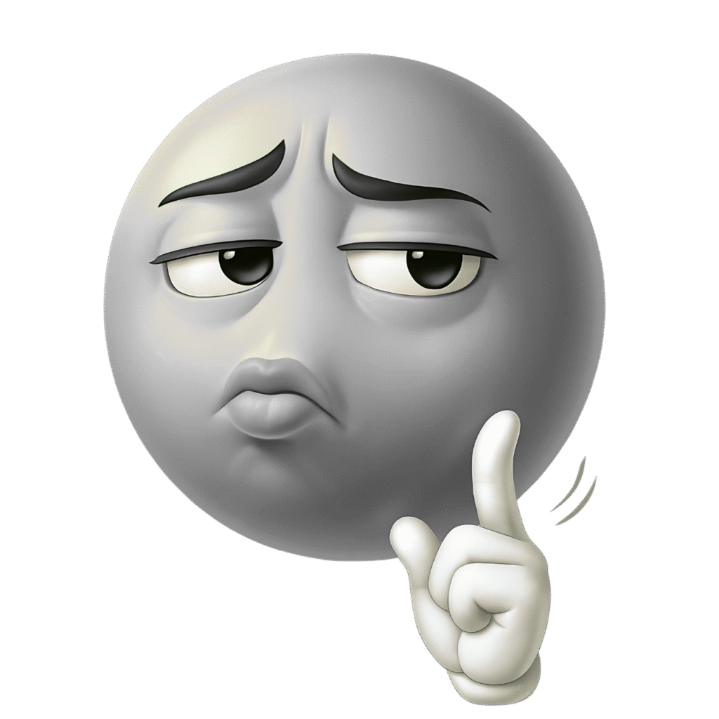 Mewing emoji PNG with metallic silver tone, raised finger, and skeptical facial expression &ndash; transparent background clipart