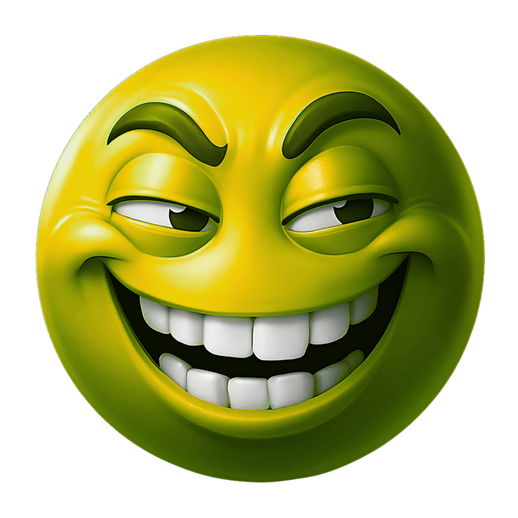 Smirking mischievous yellow emoji face with raised eyebrows and wide grin, 3D-style emoticon on transparent background.