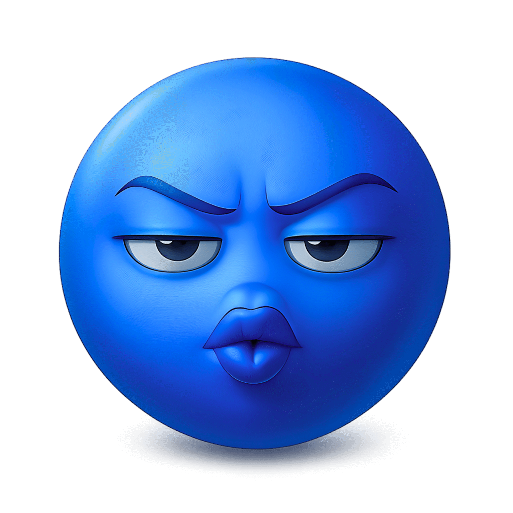 3D glossy blue "Ooh" emoji with attitude eyes, kissing lips and raised eyebrows on transparent background.