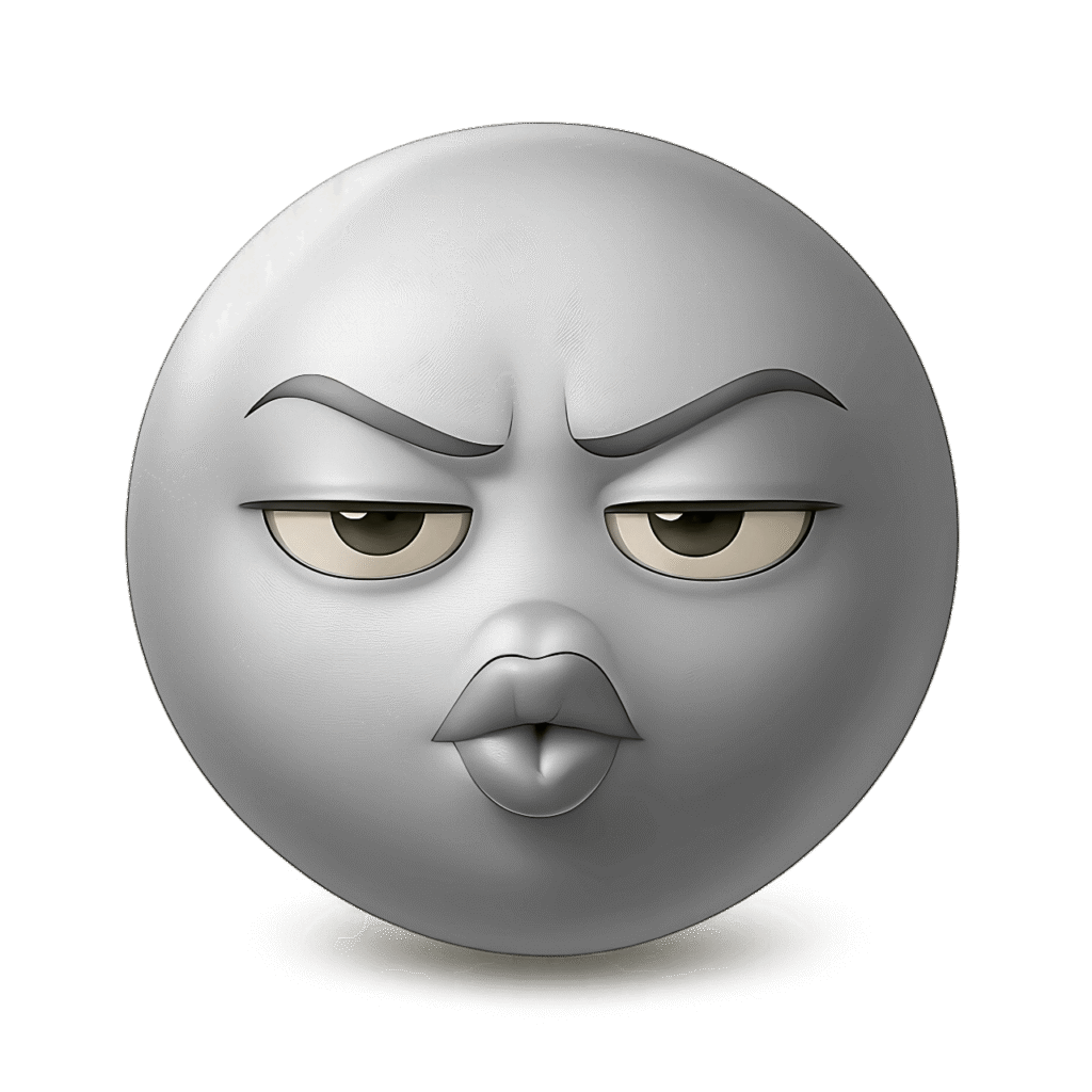 Gray sassy emoji with pouty lips and unimpressed facial expression, transparent background 3D clipart