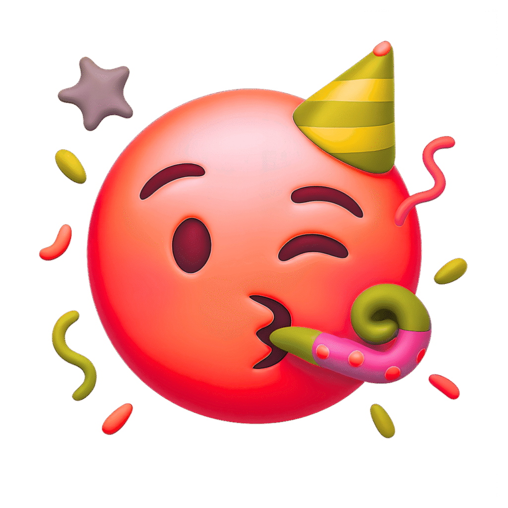 Red 3D Party Emoji with Yellow Hat and Party Horn &ndash; Transparent Background ClipArt for Celebrations