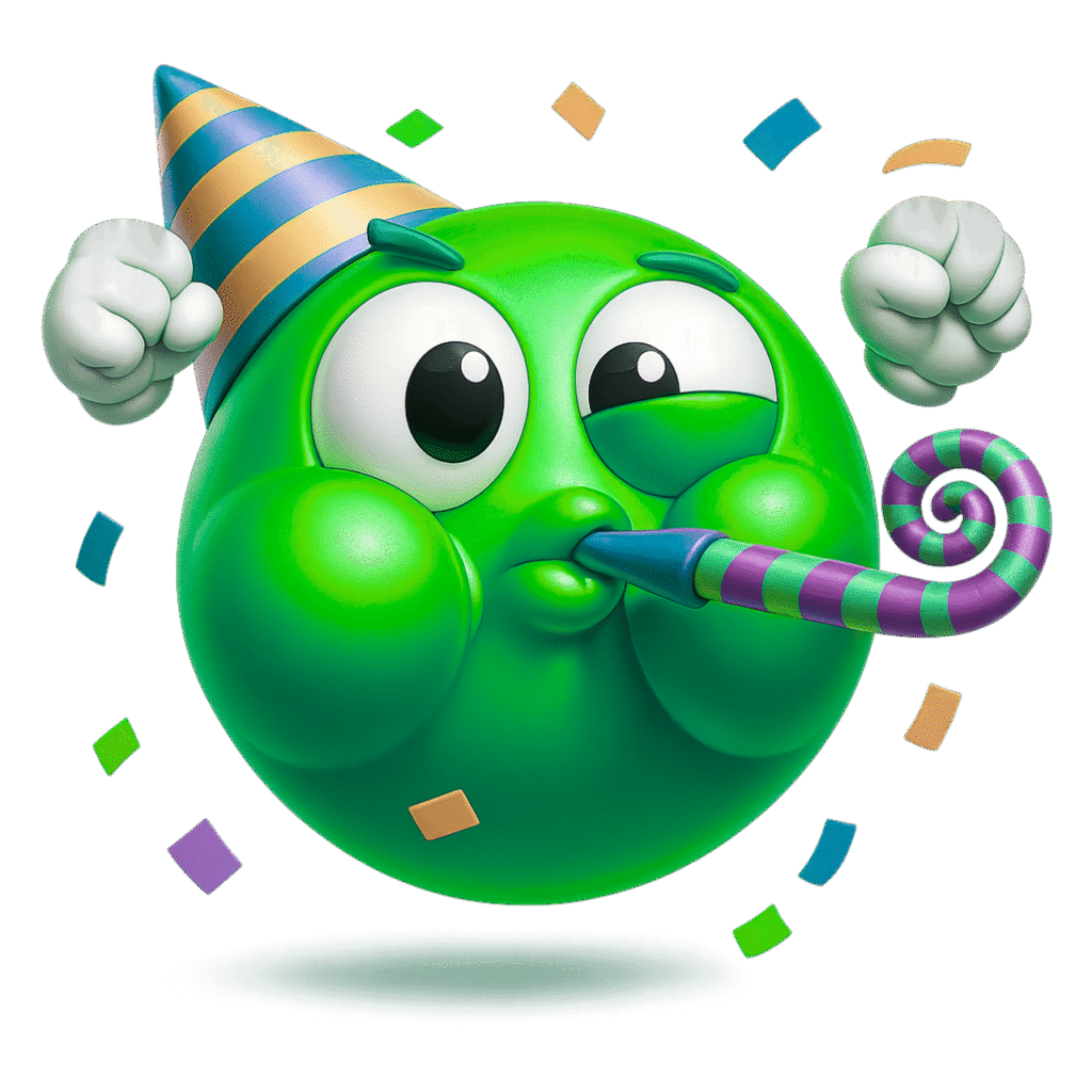 Green 3D Partying Face Emoji with Striped Hat and Confetti &ndash; Transparent PNG ClipArt for Celebrations