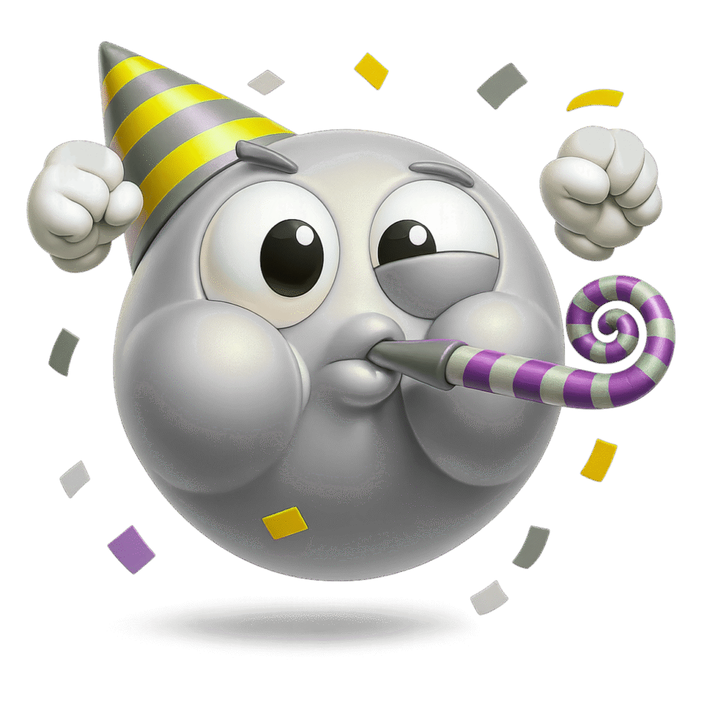 Gray 3D Partying Face Emoji with Confetti and Party Hat &ndash; Transparent Background PNG for Elegant Celebrations