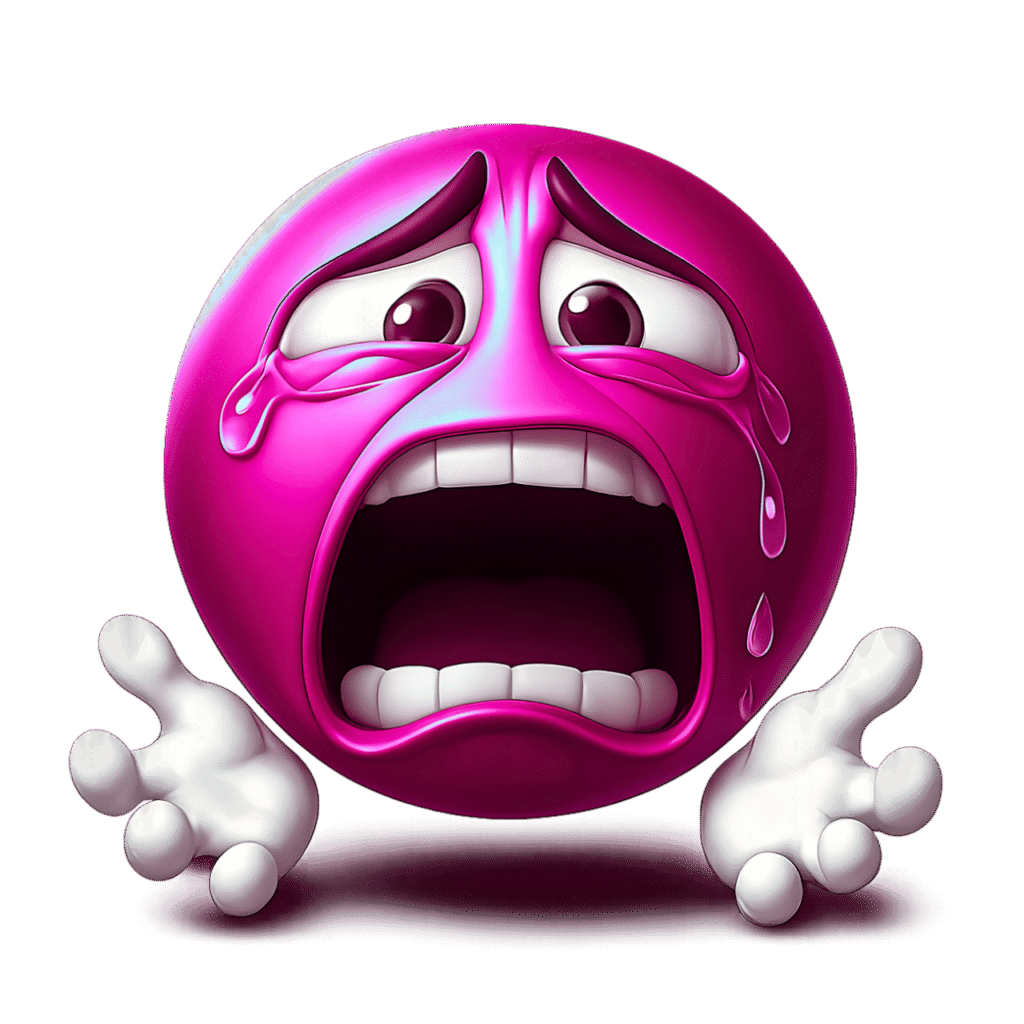 Pink crying emoji face with teardrops, emotional expression, cartoon-style hands reaching forward, transparent background