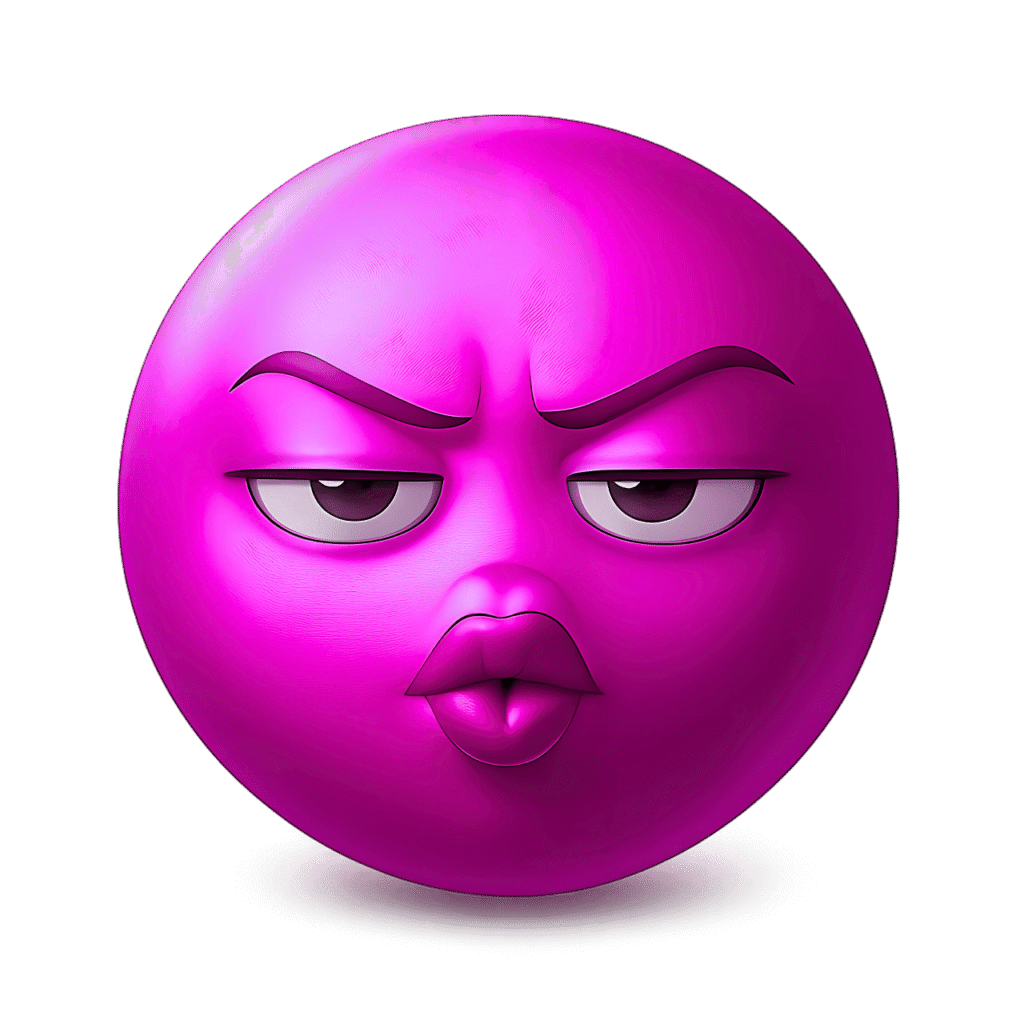 Pink sassy emoji face with pouty lips and angry eyes, transparent background clipart