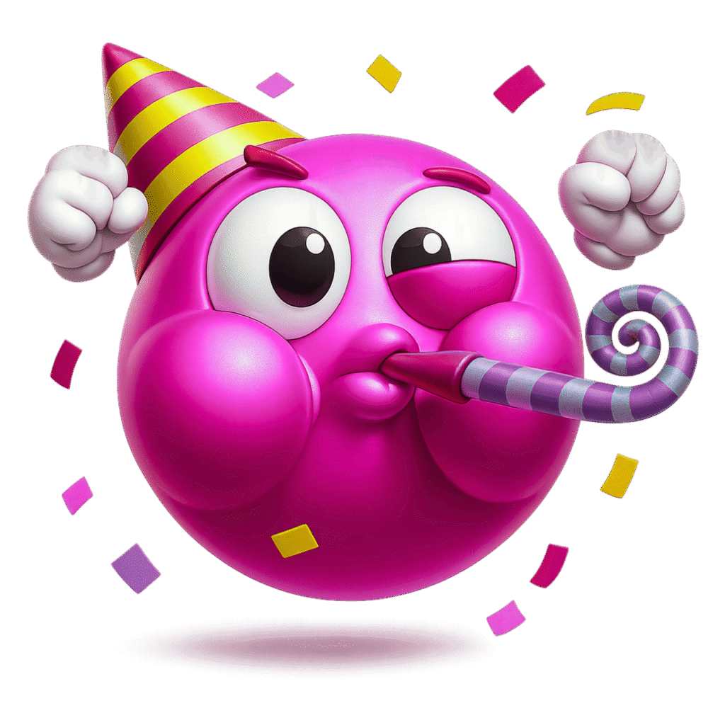 Pink 3D Partying Face Emoji with Party Hat and Confetti &ndash; Transparent PNG Clipart for Festive Designs