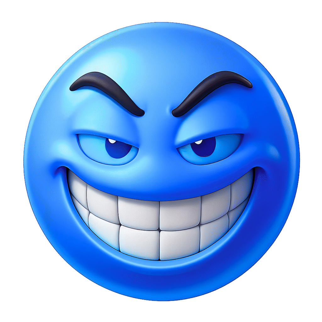 3D Blue Troll Face Emoji with Mischievous Grin, Transparent PNG Clipart