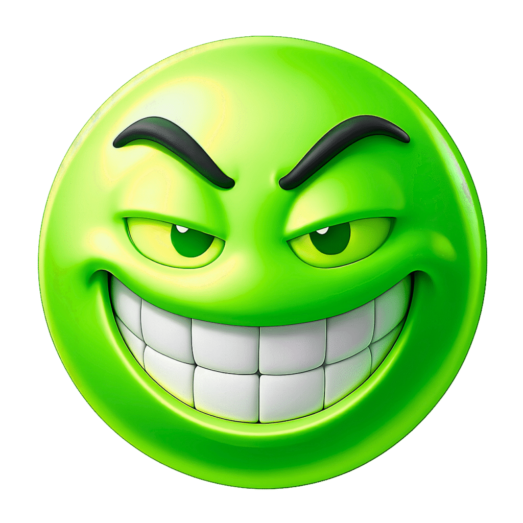 Green 3D Troll Face Emoji with Sarcastic Grin and Arched Eyebrows – Transparent PNG Clipart