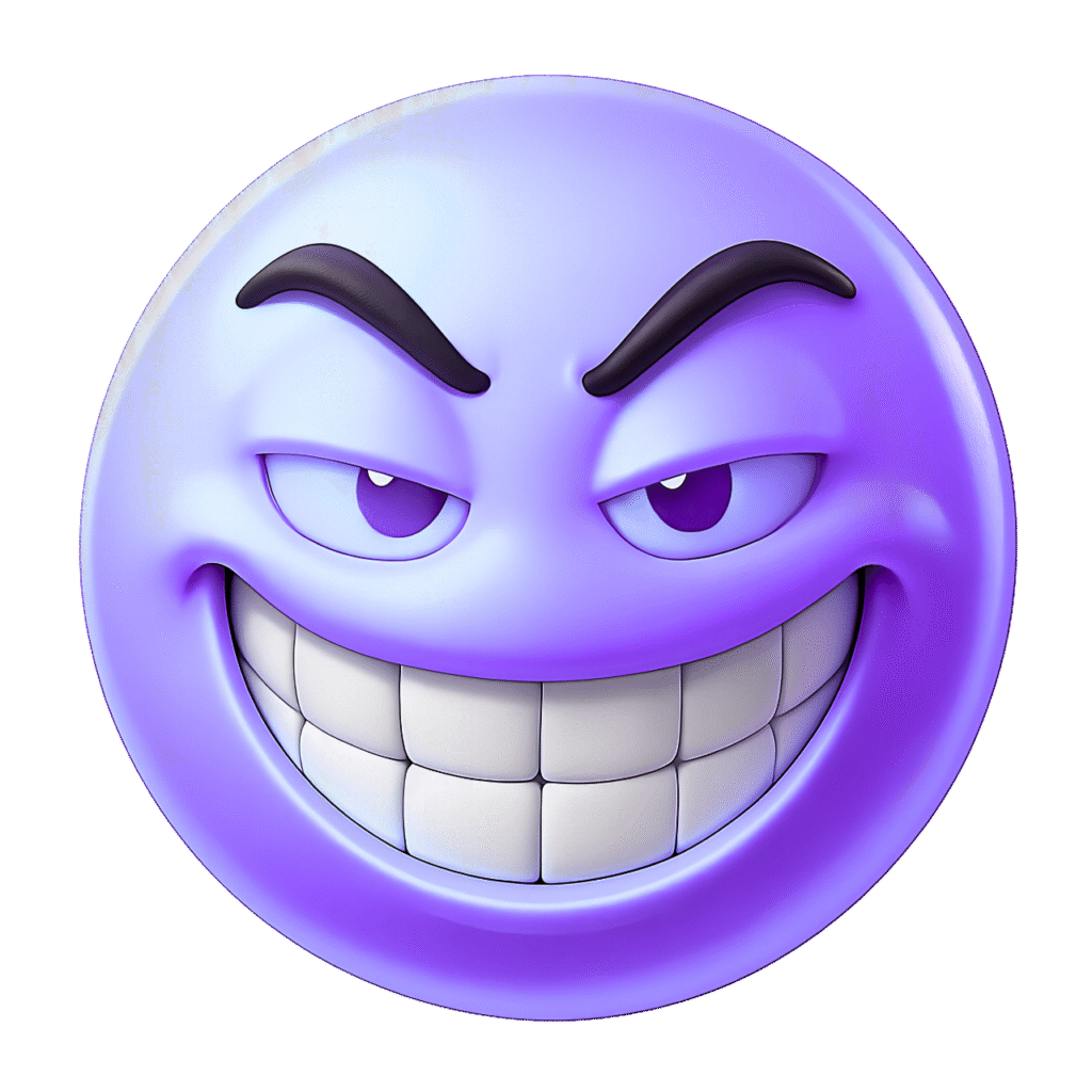 Purple 3D Troll Emoji Smirking with Arched Eyebrows – Transparent Background PNG