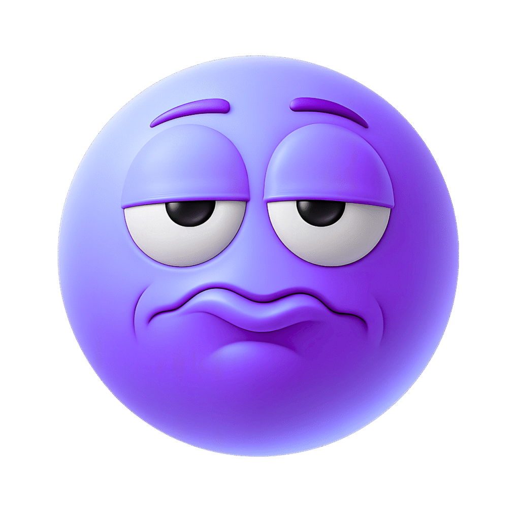 3D purple emoji with sarcastic facial expression, tired eyes, and exaggerated lips, showing boredom or irony on a transparent background