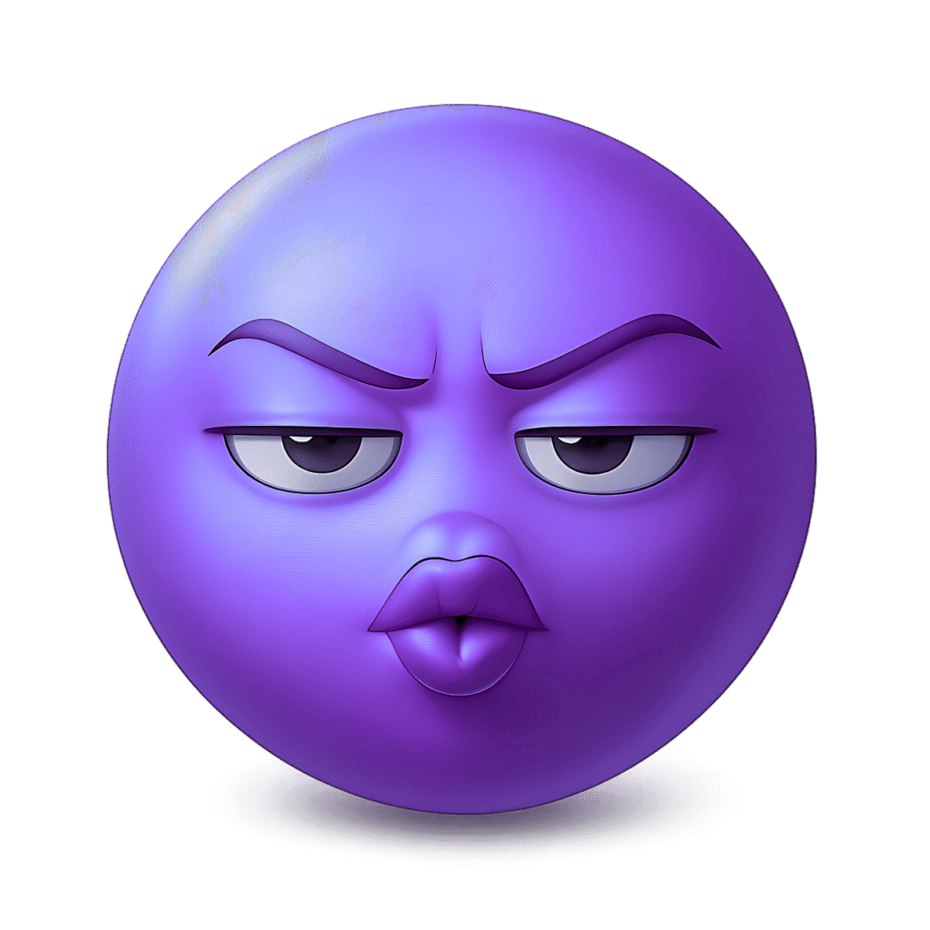 Purple attitude emoji with pouty lips and angry eyes, 3D cartoon face on transparent background